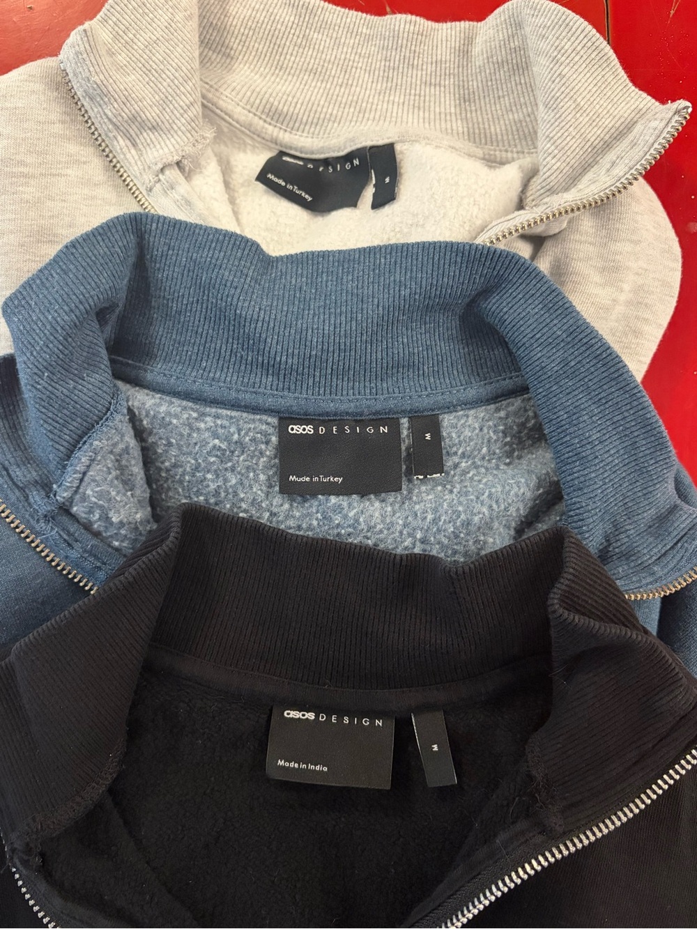 ASOS Men’s Zip-Up Sweater Trio in Light Gray, Blue, and Black